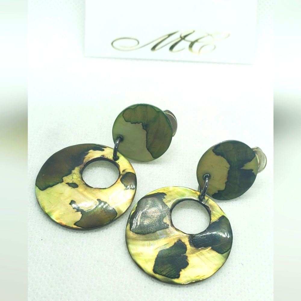 MC Mother Of Pearl Long Handmade Clipper Earrings In Green Brown Shades Color